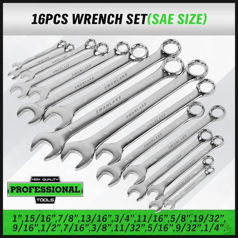 Pro Grade 32-Piece Combination Wrench Set SAE And Metric One Quarter Inch To One Inch displayed in a fan arrangement.