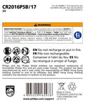 Top Shelf Cr2016 3V Lithium Coin Cell Battery 5 Pack warning label with safety instructions and usage guidelines.