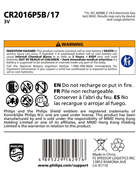 Top Shelf Cr2016 3V Lithium Coin Cell Battery 5 Pack warning label with safety instructions and usage guidelines.