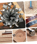 Leather Craft Tool Set 20Pcs Saddle Stamp Punch Kit for stamping patterns on belts, wallets, and bags, showing various stamps and designs.