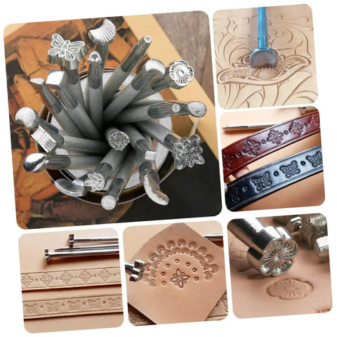 Leather Craft Tool Set 20Pcs Saddle Stamp Punch Kit for stamping patterns on belts, wallets, and bags, showing various stamps and designs.