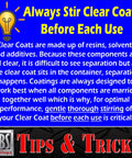 KBS Coatings tips infographic on clear coats; blue background with yellow headline, lightbulb icon, and Tips & Tricks logo