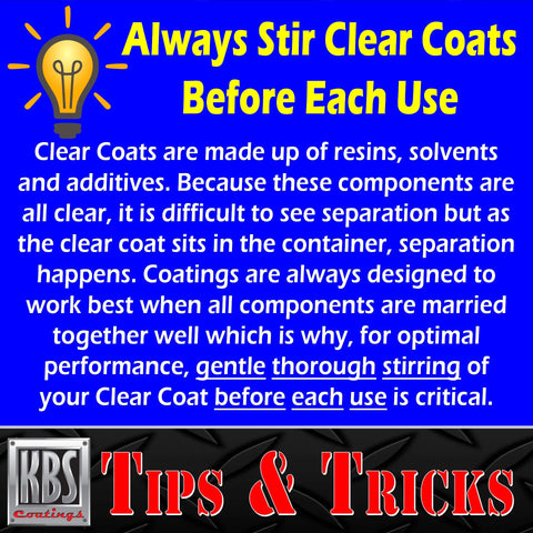 KBS Coatings tips infographic on clear coats; blue background with yellow headline, lightbulb icon, and Tips & Tricks logo