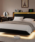 Sick Queen Floating Bed Frame With LED Lights And DC Charging Ports, Hidden Toe Guard Base, Built In Storage Headboard, Silent Noise Free Platform Sleeper, Quick Setup For Chill Bedroom Vibes, Matte Black with LED-lit headboard and accessories.