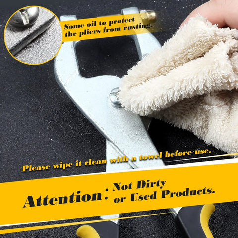 10 Inch Ceiling Grid Punch Pliers For Rivets 3.24mm Grid Hole Puncher being wiped with towel to remove protective oil.