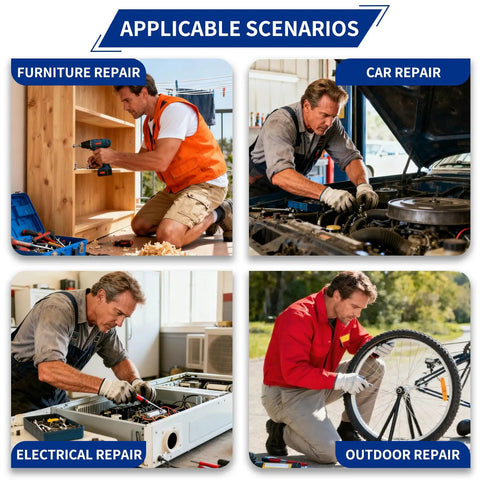 Collage showing man performing furniture, car, electrical, and outdoor repairs.