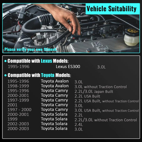 Vehicle suitability chart for Heavy Duty Vacuum Power Brake Booster Replacement For Toyota Camry Avalon Solara And Lexus Es300.