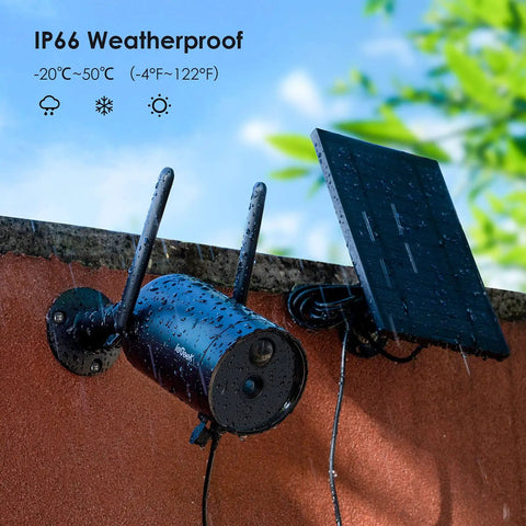 Solar Outdoor Security Camera Wireless Wire Free 1080p With Night Vision, IP66 Weatherproof unit mounted on a wall with solar panel