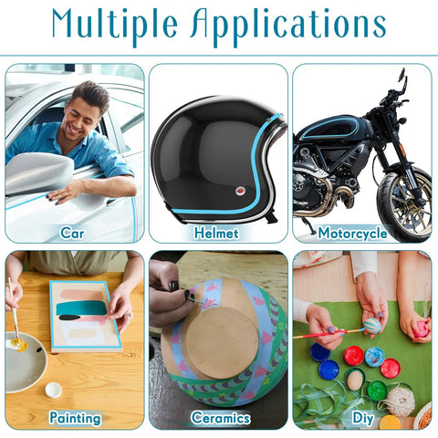 Multiple applications of vinyl pinstripe masking tapes: car, helmet, motorcycle, painting, ceramics, DIY projects.