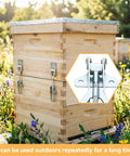 Wooden beehive with 10 sets beehive fasteners, nuts, and adjustable buckle straps for securing hive bodies and bottom boards.
