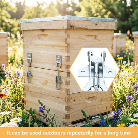 Wooden beehive with 10 sets beehive fasteners, nuts, and adjustable buckle straps for securing hive bodies and bottom boards.