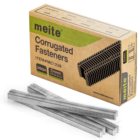 Box of Corrugated W Staples Fasteners One Half Inch Crown By Three Eighth Inch Length Micro Corrugated Staples, Fourteen Thousand Count Box, Bright Basic Finish.