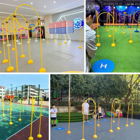 Indoor and outdoor setups of Crash-Proof Drone Trainer For Beginners And Pros, Indoor Obstacle Course Kit For Quadcopter Practice.