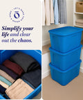 4 Pack 18 Gallon Blue Plastic Storage Bins With Lids stacked in closet, showing organized clothes inside for easy bedroom use.