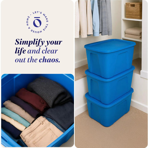 4 Pack 18 Gallon Blue Plastic Storage Bins With Lids stacked in closet, showing organized clothes inside for easy bedroom use.