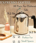 Stainless Steel Coffee Percolator For Stovetop 37oz 2 To 8 Cup Pot With Cool Touch Handle on kitchen counter with cup and decor