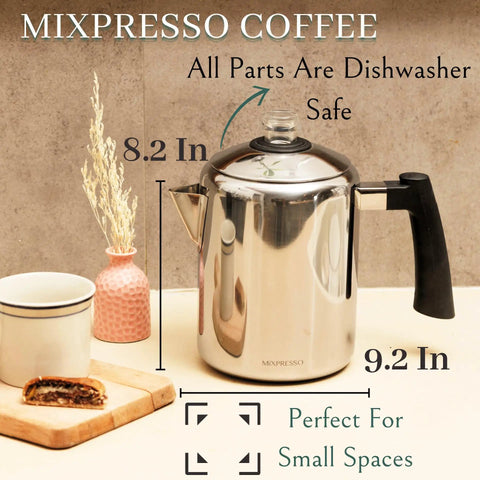 Stainless Steel Coffee Percolator For Stovetop 37oz 2 To 8 Cup Pot With Cool Touch Handle on kitchen counter with cup and decor