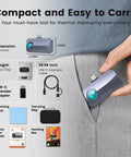 Thermal Camera For Android Smartphones With 512x384 TISR Resolution And 40mK Sensitivity 25Hz Frame Rate Ideal For Home And Automotive Leak Detection Electrical Faults And Temperature Accuracy shown compactly fitting into a pocket with accessories displayed.