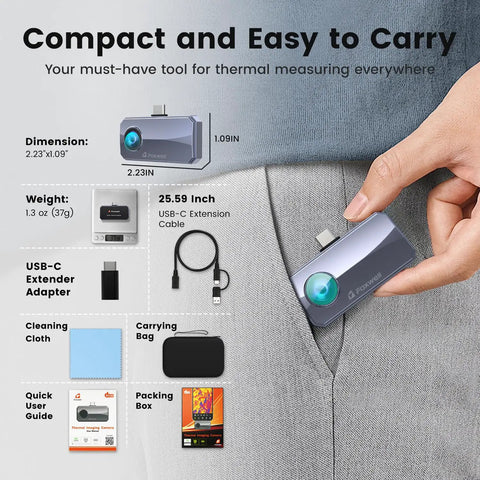 Thermal Camera For Android Smartphones With 512x384 TISR Resolution And 40mK Sensitivity 25Hz Frame Rate Ideal For Home And Automotive Leak Detection Electrical Faults And Temperature Accuracy shown compactly fitting into a pocket with accessories displayed.
