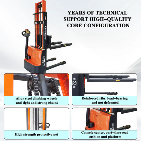Electric Walkie Pallet Stacker Boasting Badass Strength With A No Sweat 3300 Lbs Load Rating Plus A Slick Nine Foot Lift showcasing alloy steel wheels and chains.