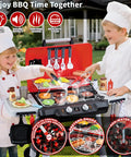 Kids BBQ Grill Playset With Smoke Sound And Lights Two Layer Outdoor Grill Toy in use by two children cooking pretend food