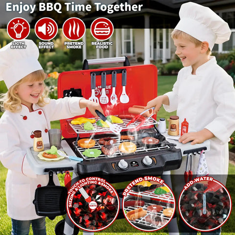 Kids BBQ Grill Playset With Smoke Sound And Lights Two Layer Outdoor Grill Toy in use by two children cooking pretend food