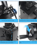 RATTMMOTOR HRV60 mini punch grinder, black metal frame with hard guide wheel and double roller
Side view of HRV60 mini punch grinder showing blue-ring guide wheel and adjustment knob
Belt and gear drive on HRV60 mini punch grinder for smooth operation
Installed view showing a press roller for center calibration on the HRV60 mini punch grinder