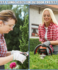 Two women wearing 50 Pair Clear Safety Glasses ANSI Z87.1 Eye Protection For Men And Women, gardening and trimming hedges.