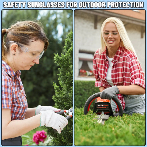 Two women wearing 50 Pair Clear Safety Glasses ANSI Z87.1 Eye Protection For Men And Women, gardening and trimming hedges.
