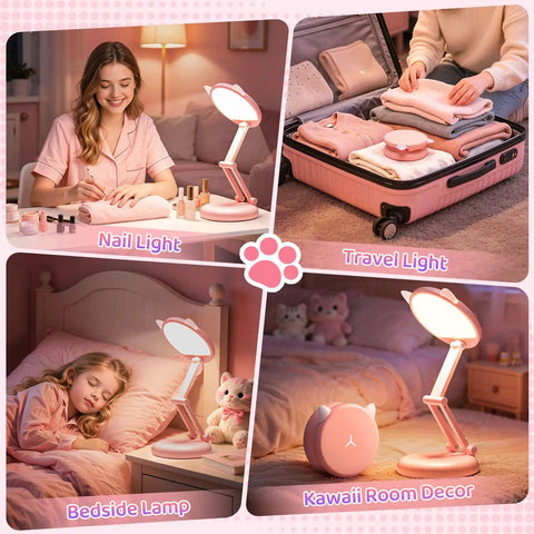 Pink Foldable Desk Lamp For Dorm Rooms And College Girls Rechargeable And Dimmable Portable Cat Lamp Kawaii Cute Nightstand Light