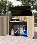 Heavy Duty Outdoor Storage Cabinet For Backyards And Patios Weather Resistant Horizontal Shed With 48 Cu Ft open showing interior storage.