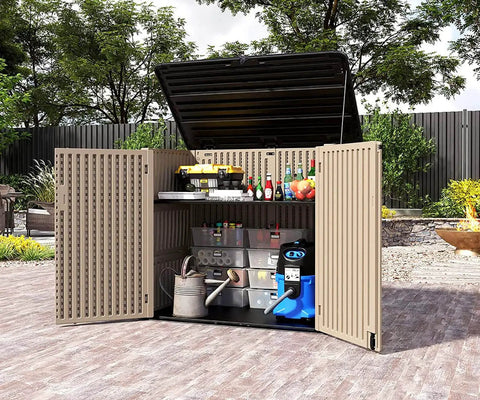 Heavy Duty Outdoor Storage Cabinet For Backyards And Patios Weather Resistant Horizontal Shed With 48 Cu Ft open showing interior storage.