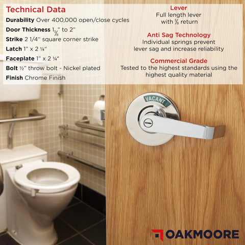 Chrome Commercial Door Handle And Bathroom Door Lock With Vacant Occupied Indicator For Public Restrooms In Industrial Buildings High Visibility Status For Busy Places And Staff Or Guests Easy Read Lock Status installed on wooden door