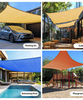 Collage of 24x24 Ft Large Oversized 185G HDPE Square Sun Shade Sail Canopy With 98 Percent UV Block over various settings