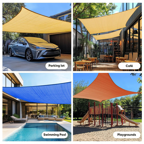 Composite image of 20x26 Ft Sun Shade Sail for patio and backyard over parking lot, café, swimming pool, and playground.