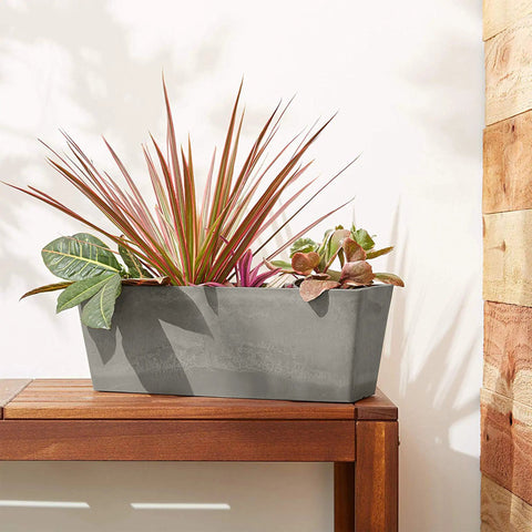 Lightweight Cement Style Window Box Planter Made From Plastic Stone Wood Composite, 17.5 Inch, on outdoor table