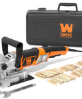 Eight Point Five Amp Plate And Biscuit Joiner With Case And Biscuits Plus One Hundred Birch Wood Biscuits For Woodworking Joints