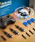 360 Degree RGB Light Rotation Kids Drone With Altitude Hold One Key Takeoff And Landing Side Fly Super Fun 3 Speed Modes And Trim Indoor Outdoor RC Quadcopter Gift For Boys And Girls components including remote, batteries, and propellers on wooden table