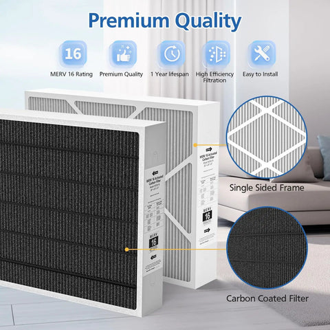 20x25x5 MERV 16 air filter for HVAC system fits HCC20-28, compatible with HCF20-16 HCF20-10, showing carbon coated filter design.