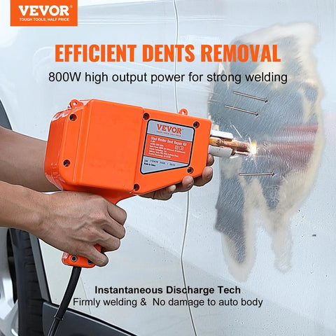 Person using stud welder dent repair kit for auto body fixes, 800W spot welder with 5 welding modes on car panel