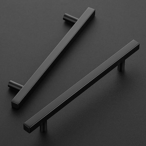10 Pack Matte Black Square Cabinet Pulls Stainless Steel Kitchen Cupboard And Dresser Handles arranged on dark background