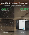 Serious 70 Pint Commercial Dehumidifier With Built In Pump And Drain Hose For Crawl Spaces And Large Basements Up To 5000 Sq Ft shown in a before and after moisture removal comparison.
