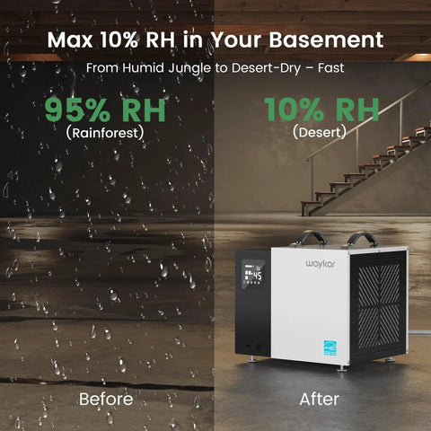 Serious 70 Pint Commercial Dehumidifier With Built In Pump And Drain Hose For Crawl Spaces And Large Basements Up To 5000 Sq Ft shown in a before and after moisture removal comparison.