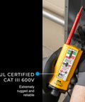 Electrician holding Vol-Con Solenoid Voltage Tester With Vibration Alert, Continuity Function, AC DC Voltage Detection, CAT III 600V.