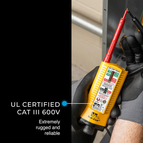 Electrician holding Vol-Con Solenoid Voltage Tester With Vibration Alert, Continuity Function, AC DC Voltage Detection, CAT III 600V.