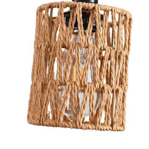 Plug And Play Pendant Light Hand Braided Natural Hemp Rope Hanging Lamp showing woven cover and bulb, ideal for cozy dining room or kitchen.