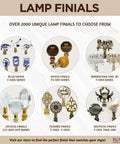 Collage of various lamp finials including blue/white, wood, rhinestone owl, crystal, filigree, and nautical designs.
