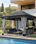 13x13 Pop Up Gazebo Canopy No Fuss Backyard Patio With Mosquito Netting, Easy Setup One Push Center Lock, Wheeled Carry Bag, Grey Party Tent Shelter For Lawn Garden Deck installed by poolside with outdoor furniture.