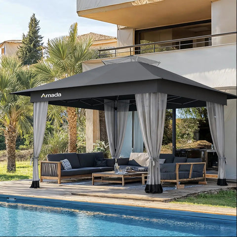 13x13 Pop Up Gazebo Canopy No Fuss Backyard Patio With Mosquito Netting, Easy Setup One Push Center Lock, Wheeled Carry Bag, Grey Party Tent Shelter For Lawn Garden Deck installed by poolside with outdoor furniture.
