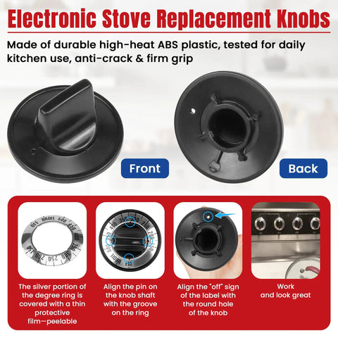 Electric Stove Knob Replacement Set For Whirlpool And More, 5 Pack ABS Burner Knobs With Adapters, Replaces TJKN002 And RK103, Fits D Shaft Stove Top Ovens And Ranges, No Fuss Install And Smooth Dial Rotation